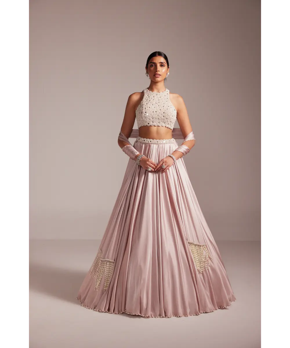 VVANI VATS- Ash Pink Satin skirt Set